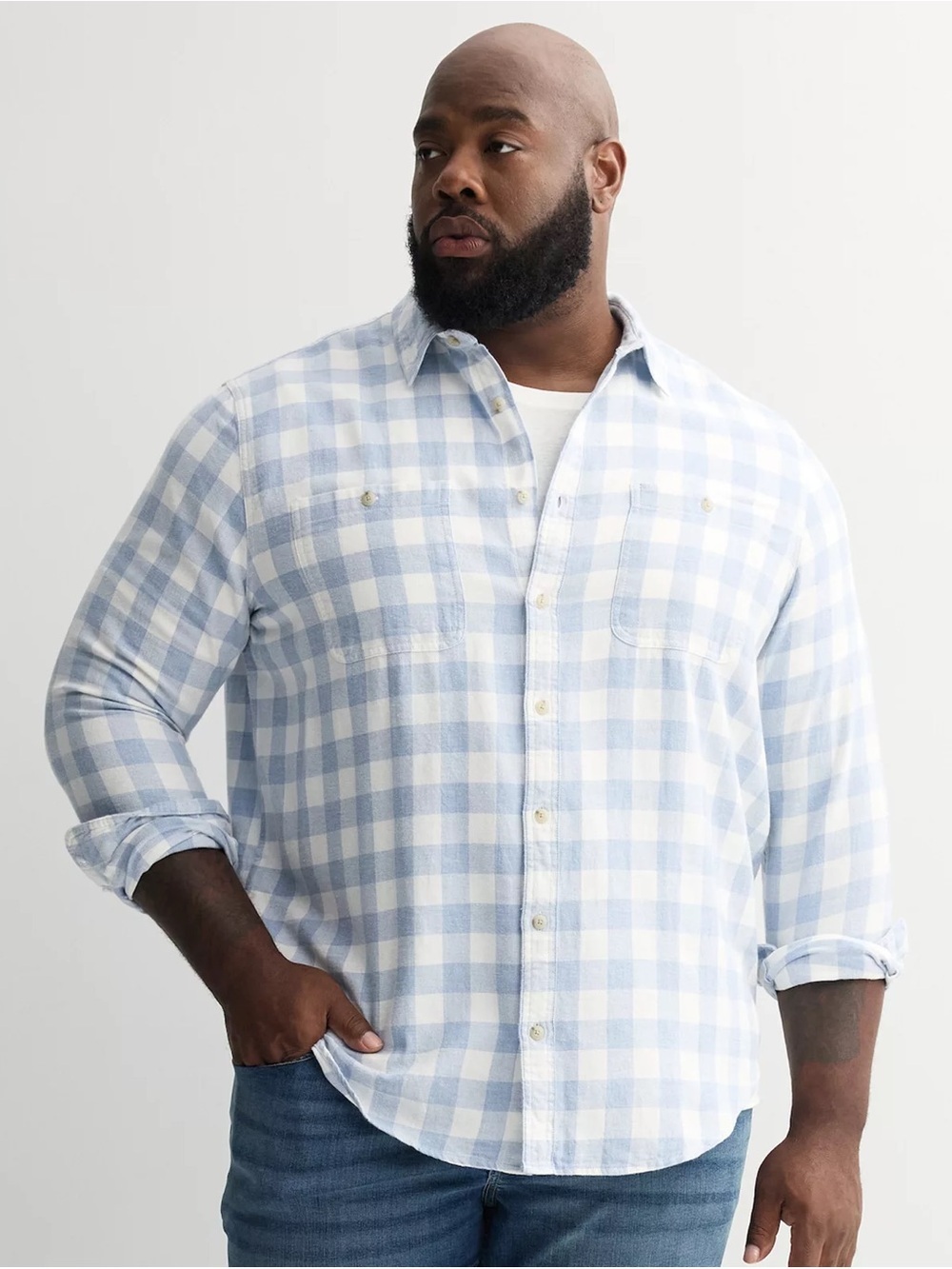 Light Blue Gingham Long-Sleeve Button-Up Shirt